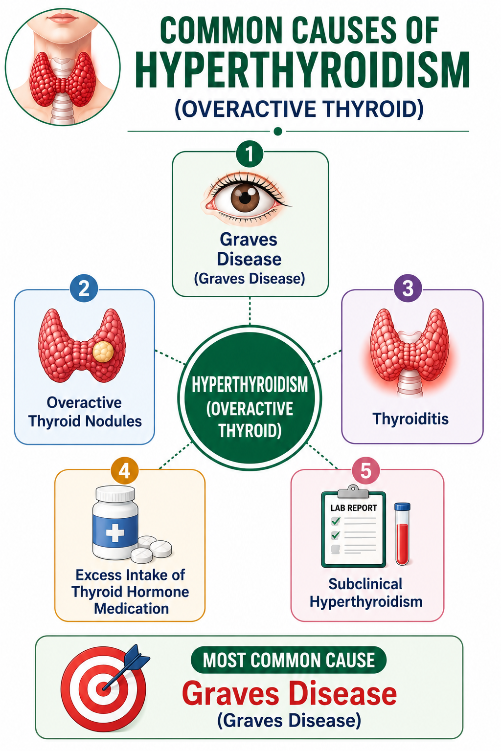 Common causes of hyperthyroidism — Graves disease, overactive nodules and thyroiditis