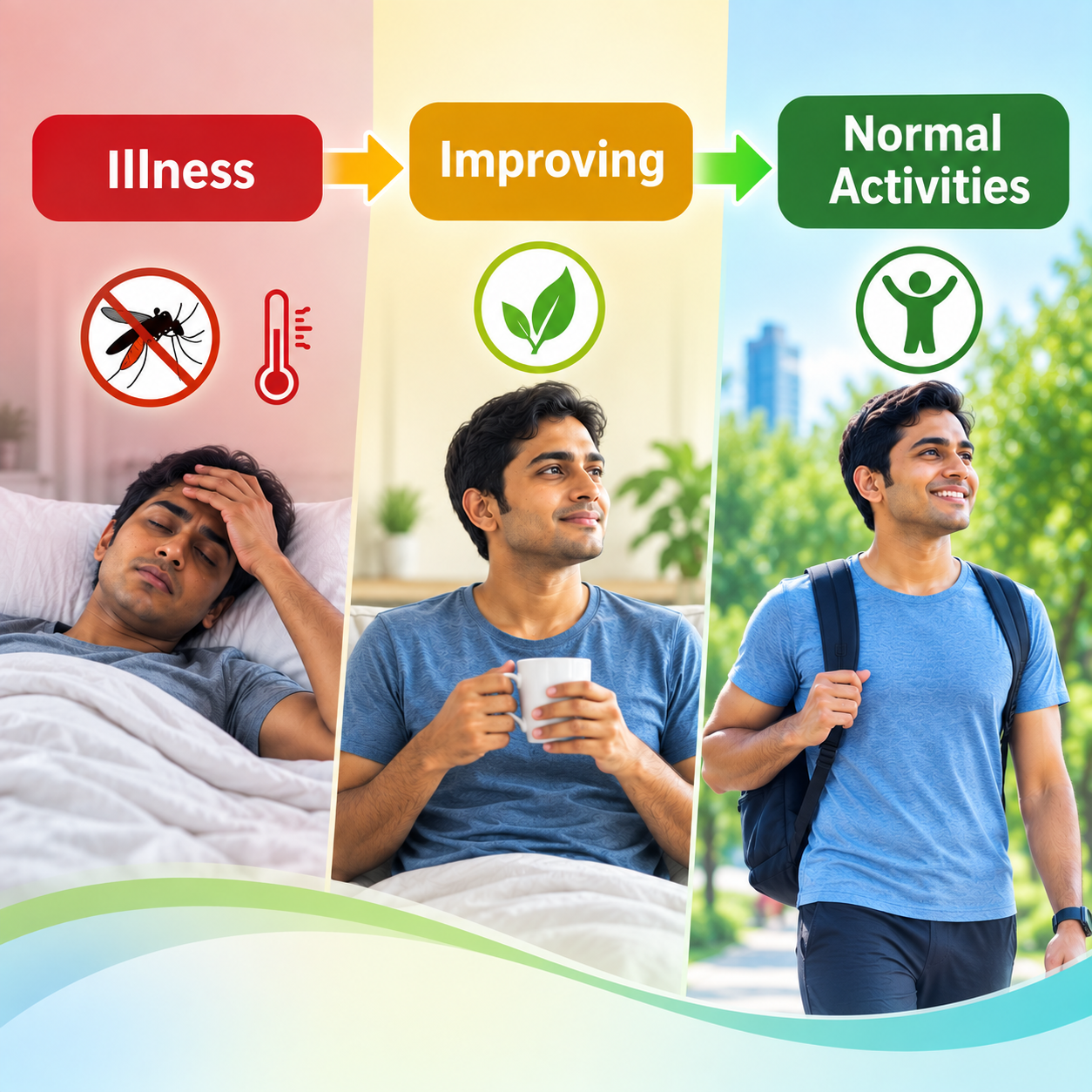 Gradual progression from dengue illness through recovery to normal daily activities