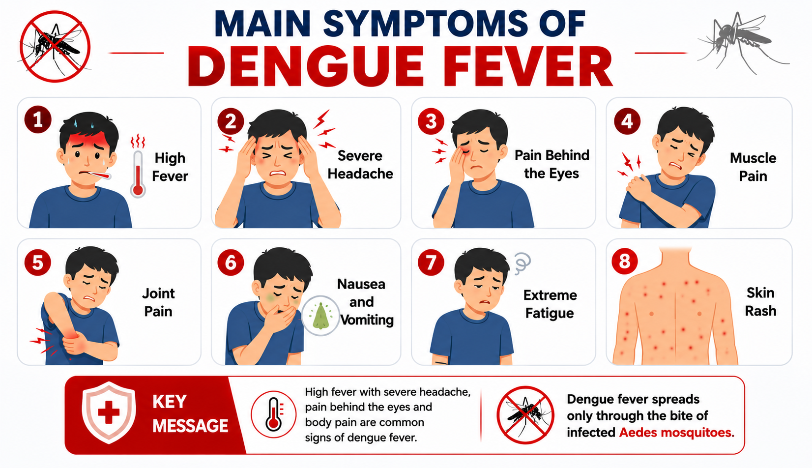 Common symptoms of dengue fever — high fever, severe headache, pain behind eyes, muscle and joint pain, rash