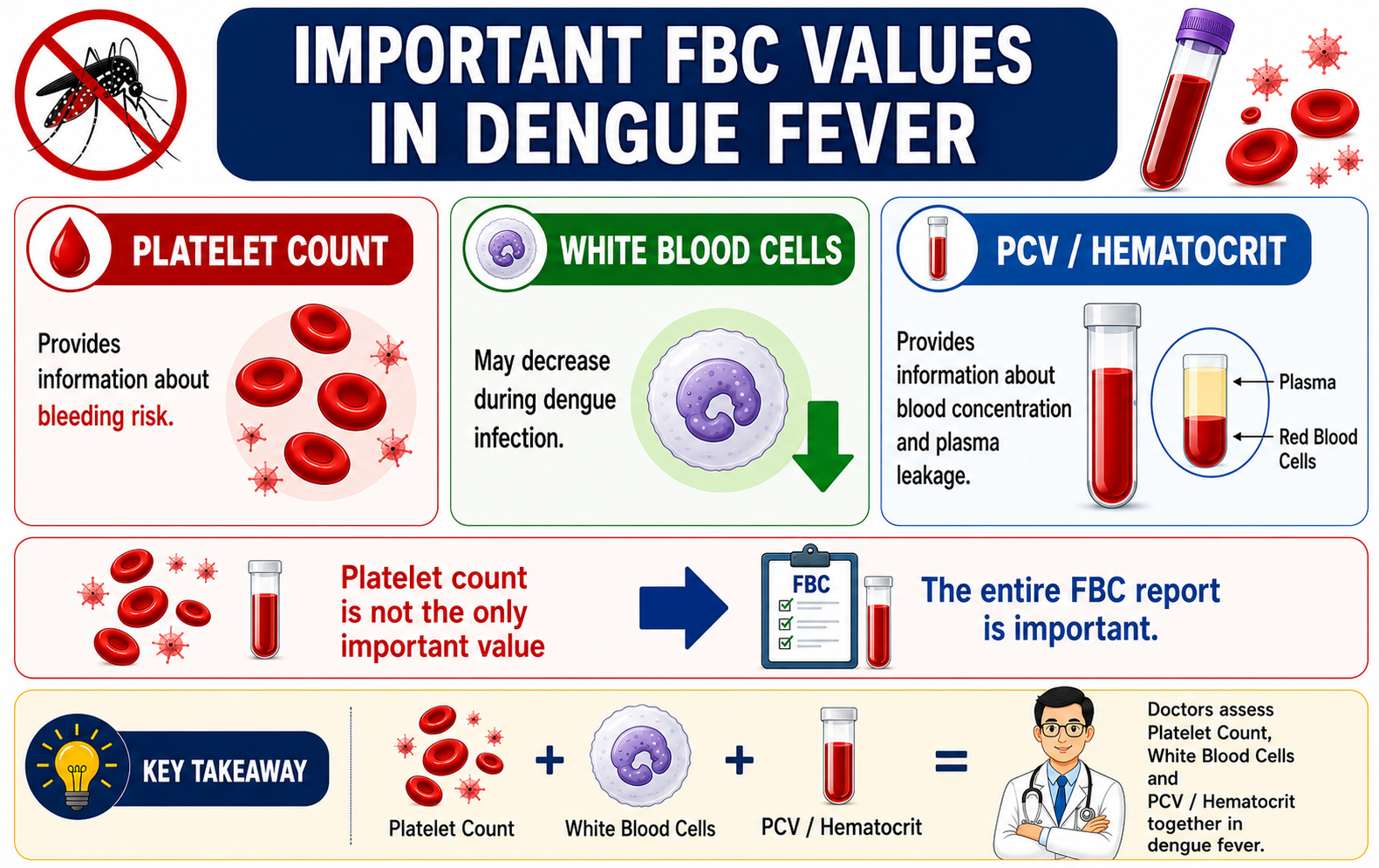 Important FBC values in dengue fever — platelet count, white blood cells and PCV or hematocrit