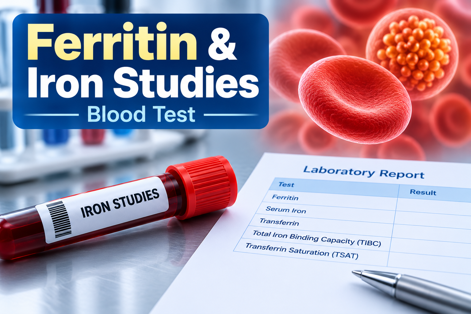 Ferritin and iron studies blood test showing ferritin, serum iron, TIBC and transferrin saturation