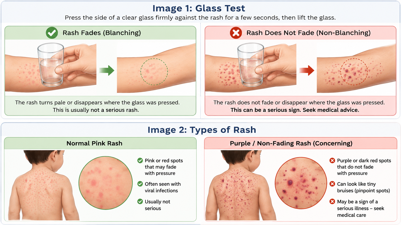 Glass test: rash that fades versus rash that does not fade when pressed