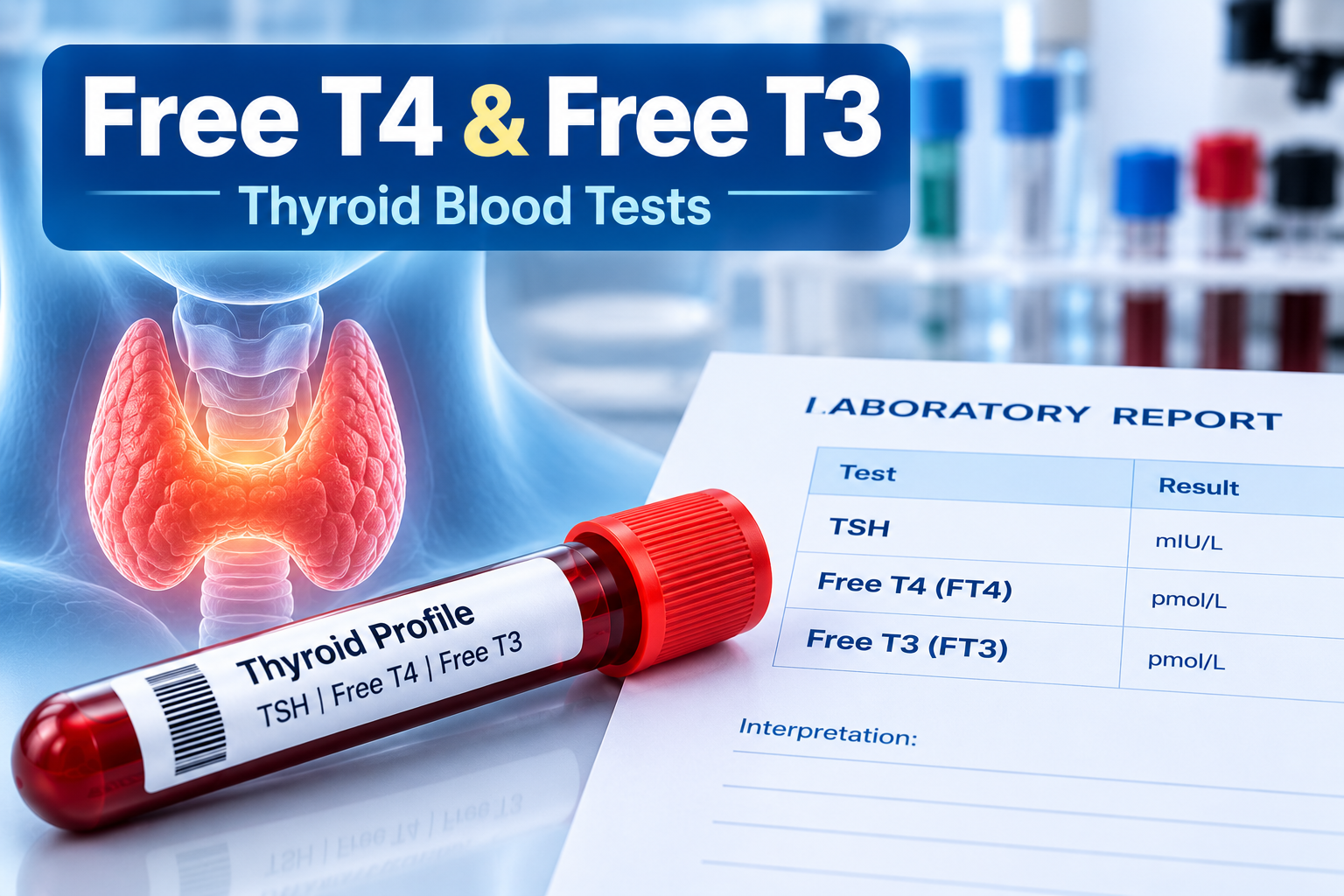 Free T4 and Free T3 thyroid blood test with TSH laboratory report