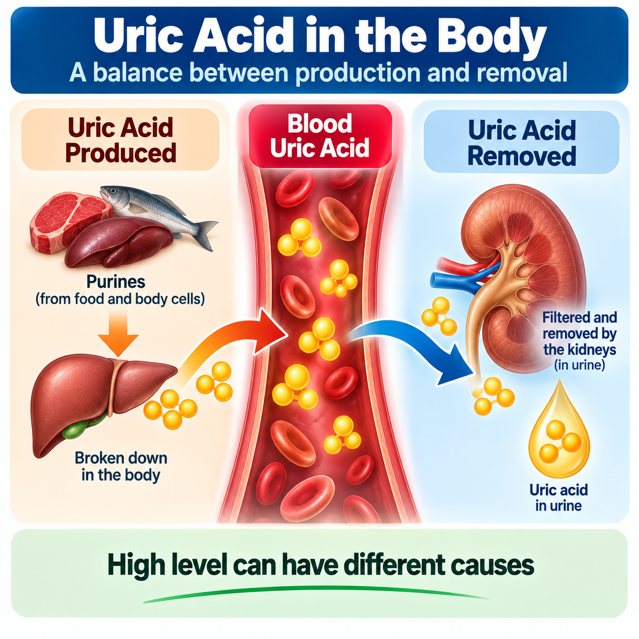 High uric acid can result from increased production or reduced removal by the kidneys