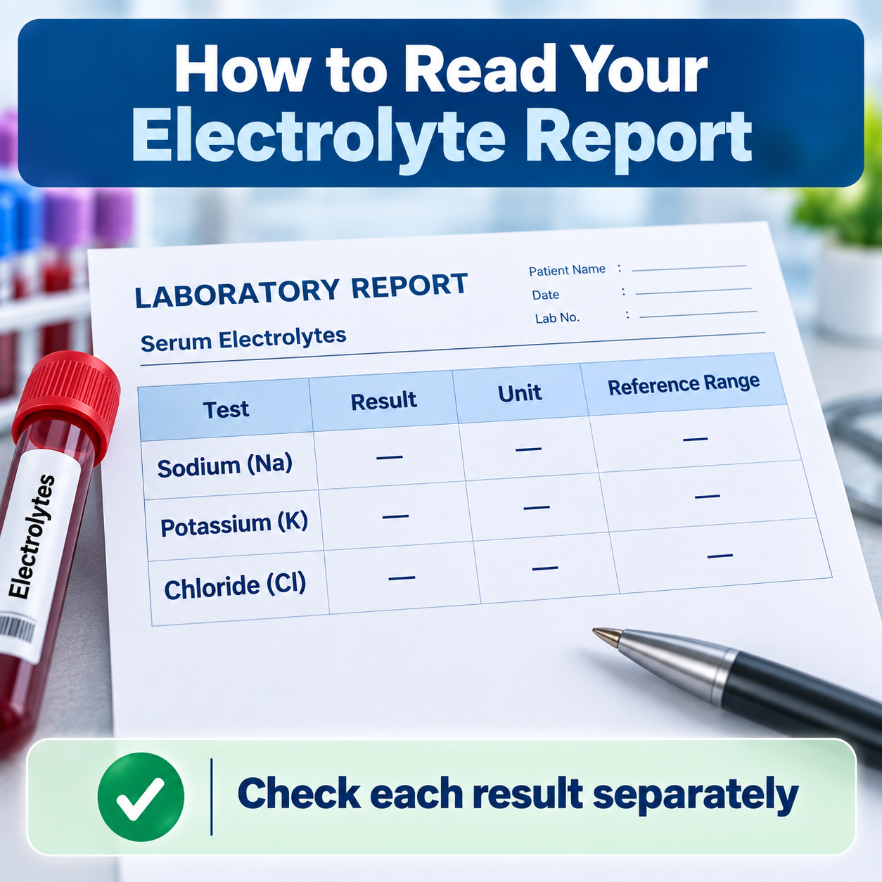 How to identify the result, unit and reference range on a serum electrolyte report
