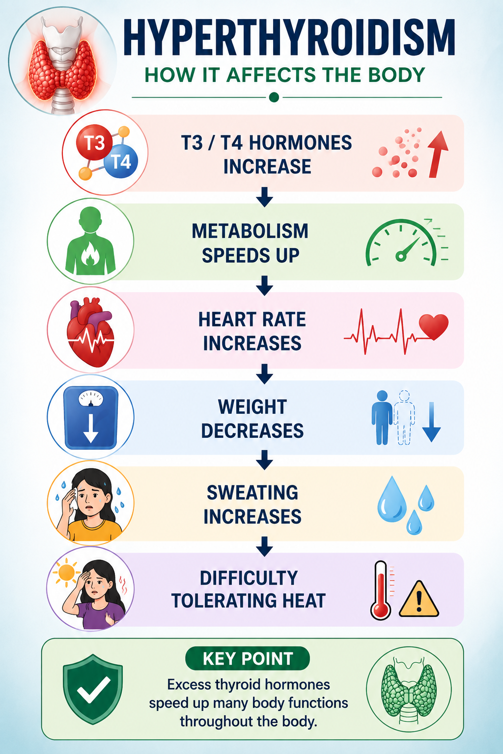 How excess thyroid hormones affect body systems — metabolism, heart rate, weight and heat intolerance