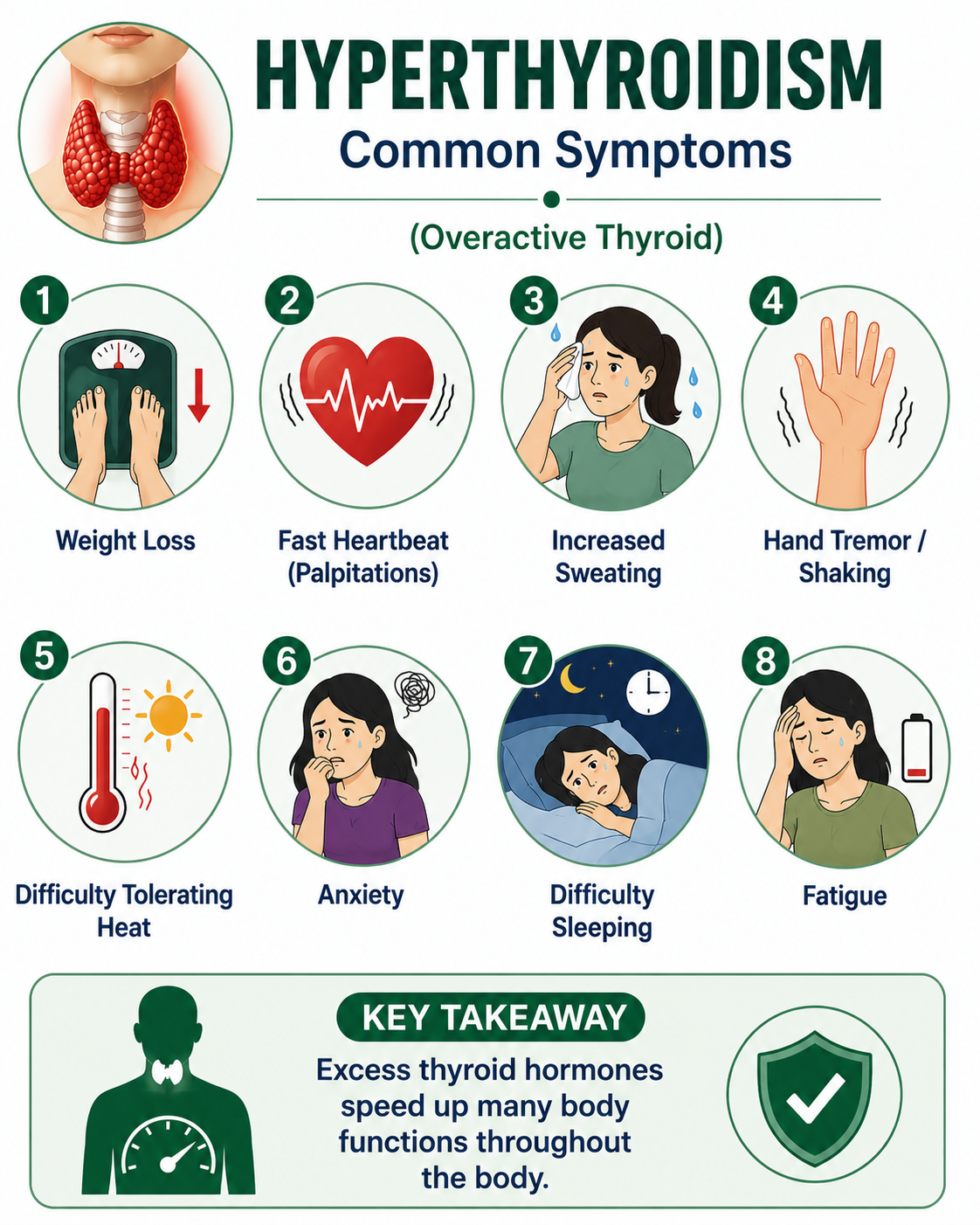 Common symptoms of hyperthyroidism — weight loss, palpitations, sweating, anxiety and tremor