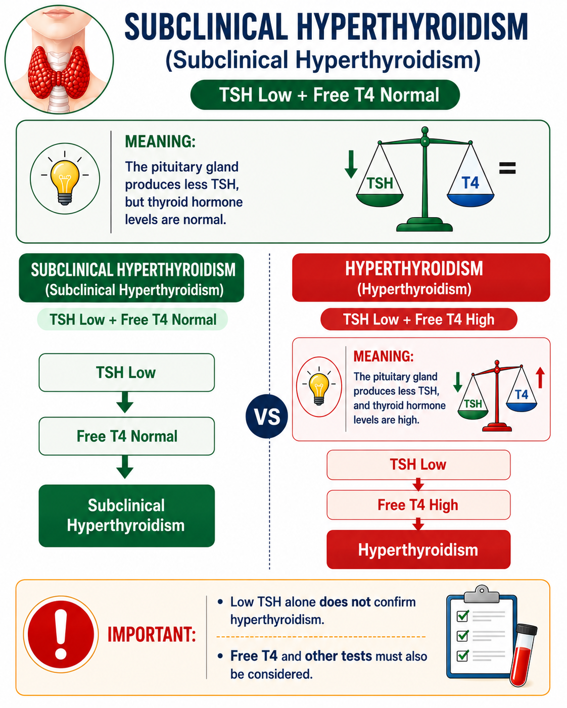 Hyperthyroidism vs subclinical hyperthyroidism — comparison of TSH and Free T4 levels