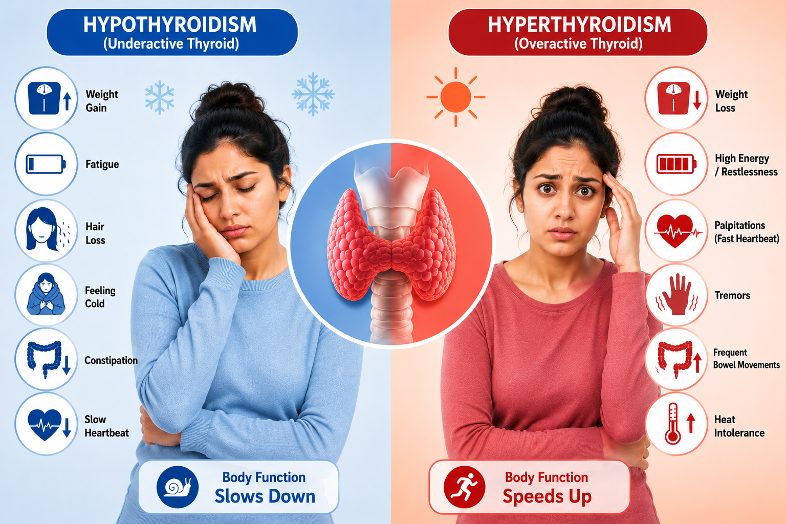 Comparison of hypothyroidism and hyperthyroidism symptoms including weight, temperature, heart rate and bowel changes