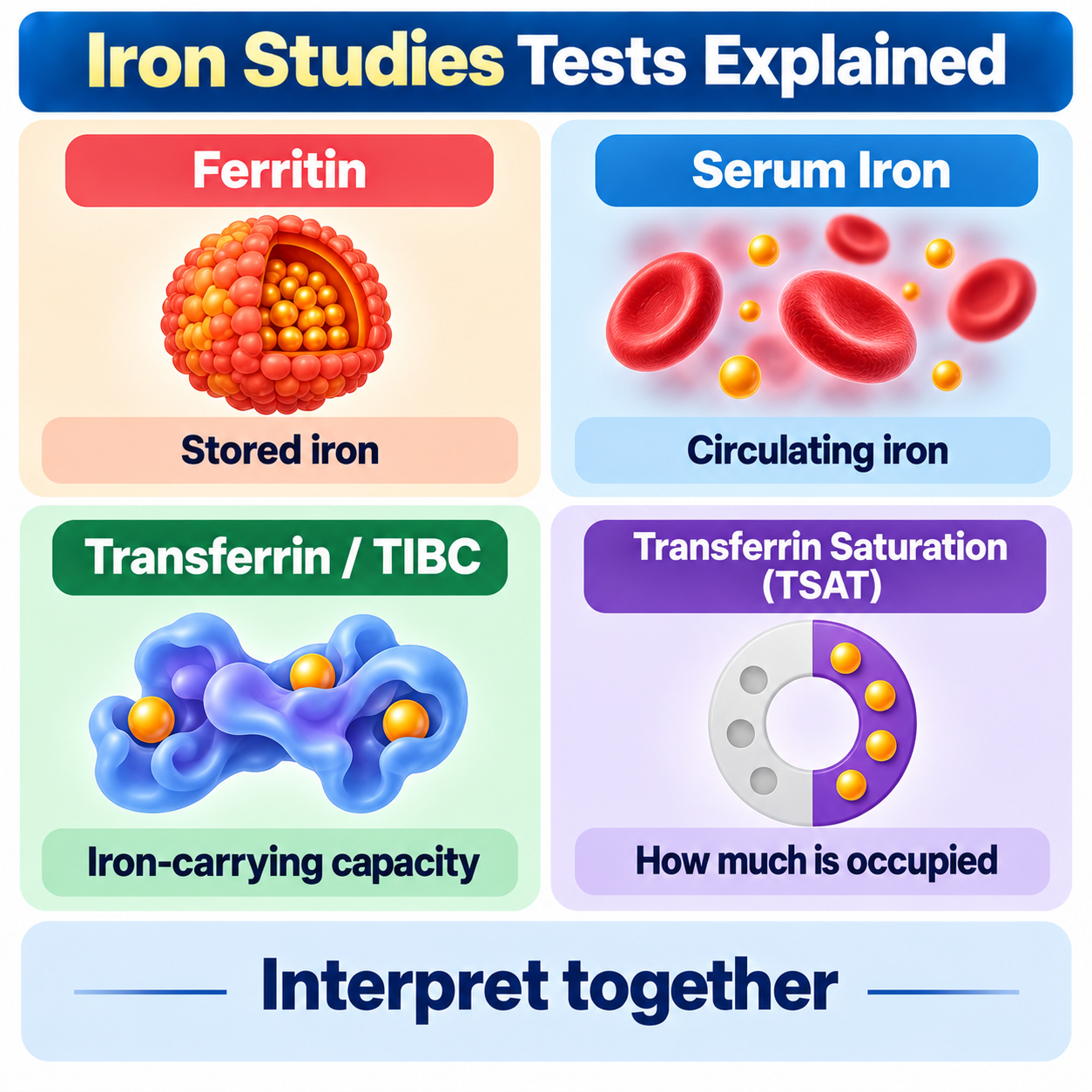 What ferritin, serum iron, transferrin/TIBC and TSAT each measure, interpreted together