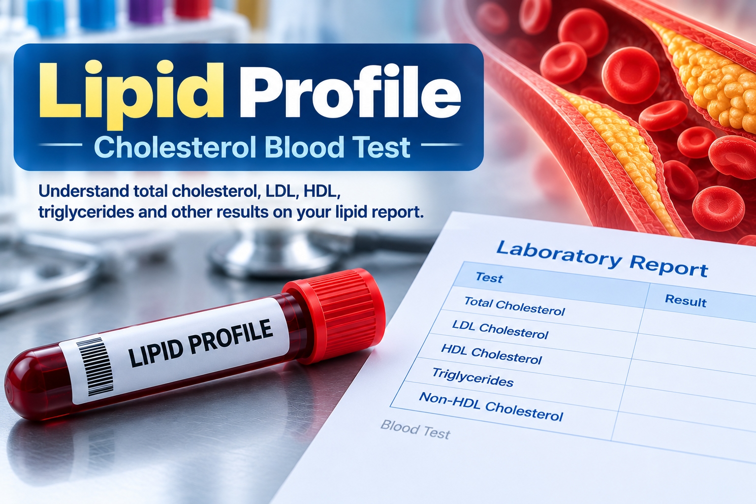 Lipid profile cholesterol blood test showing LDL HDL triglycerides and total cholesterol