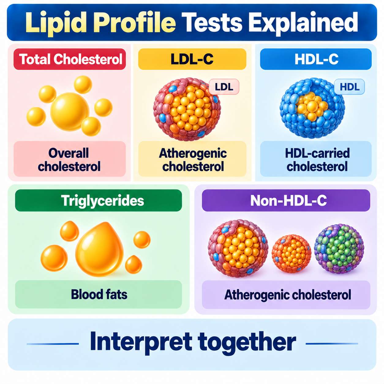 Lipid profile components explained: total cholesterol, LDL-C, HDL-C, triglycerides and non-HDL-C