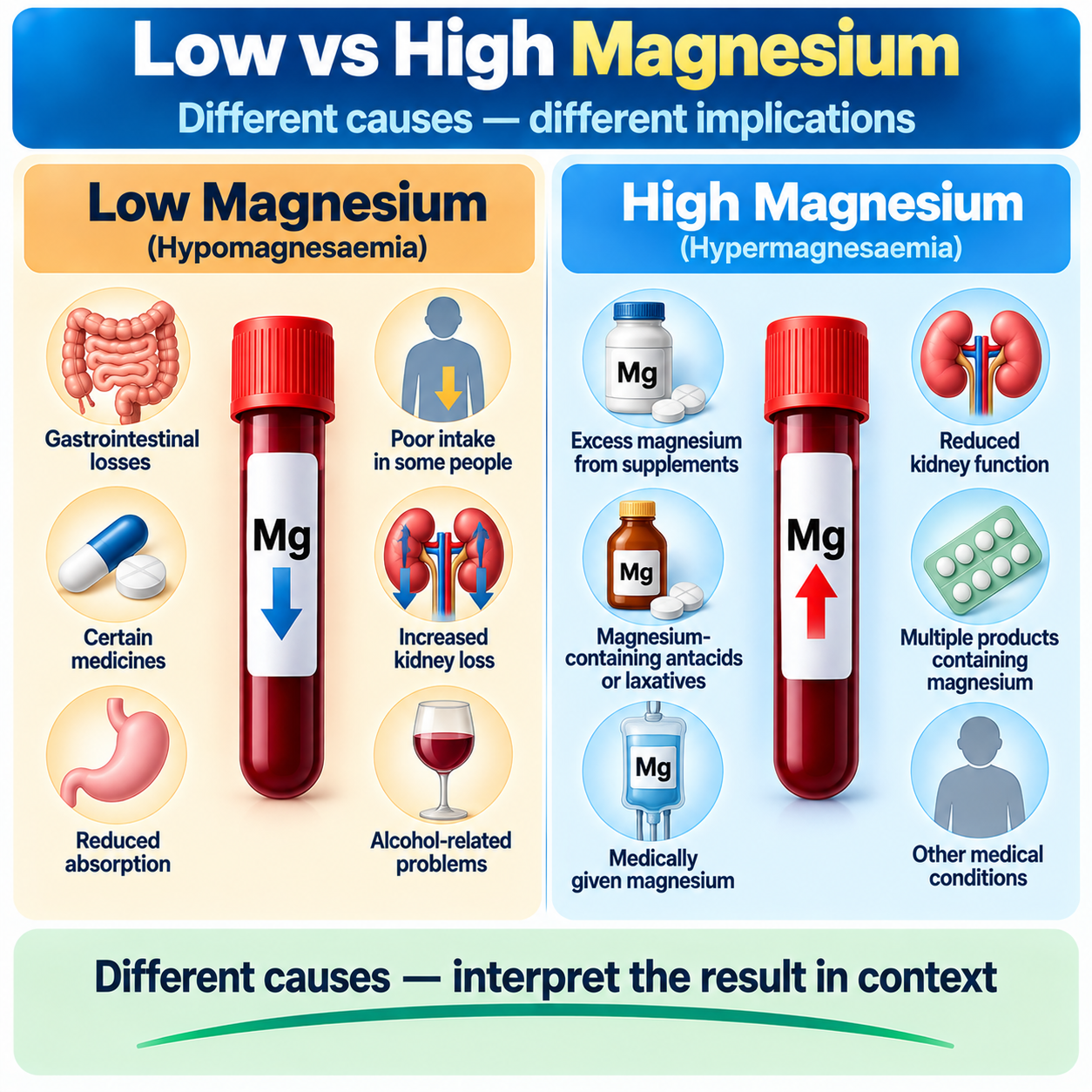 Low magnesium compared with high magnesium and their different possible causes