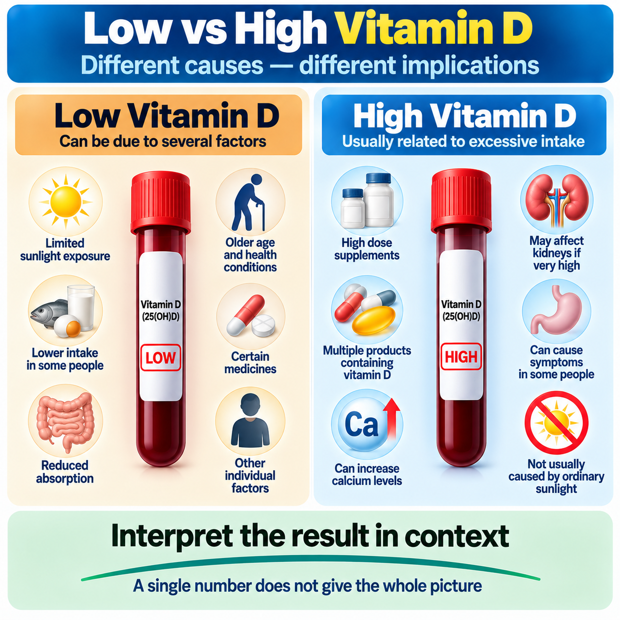 Low vitamin D compared with high vitamin D and their different possible causes