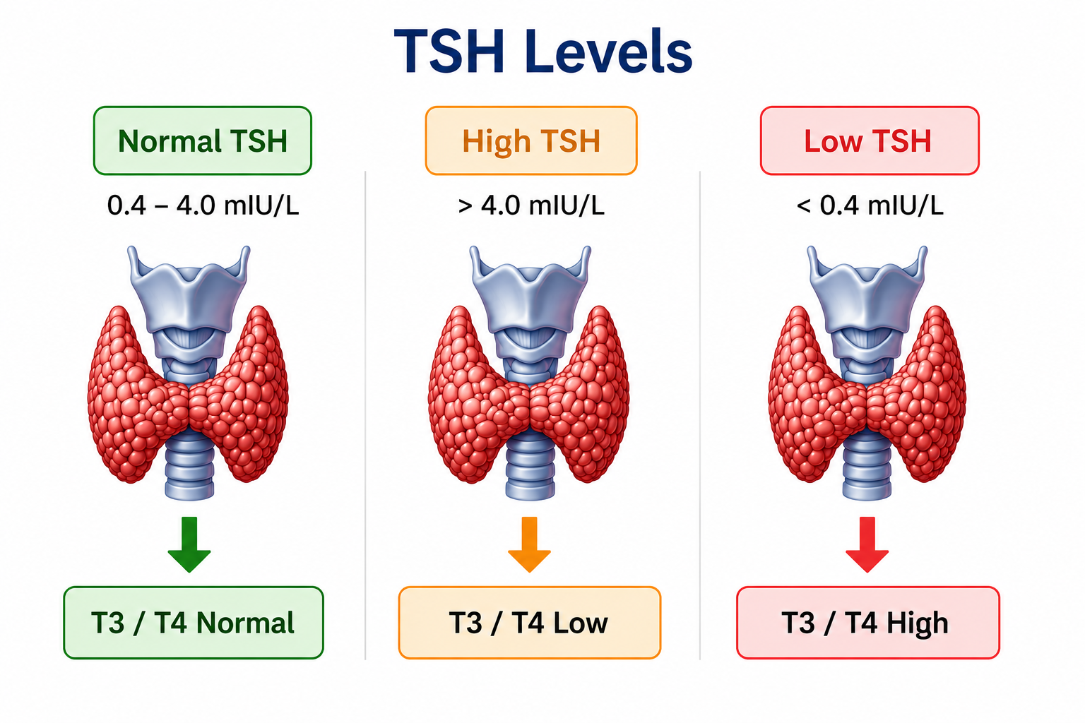 TSH result interpretation chart showing normal, high, and low ranges