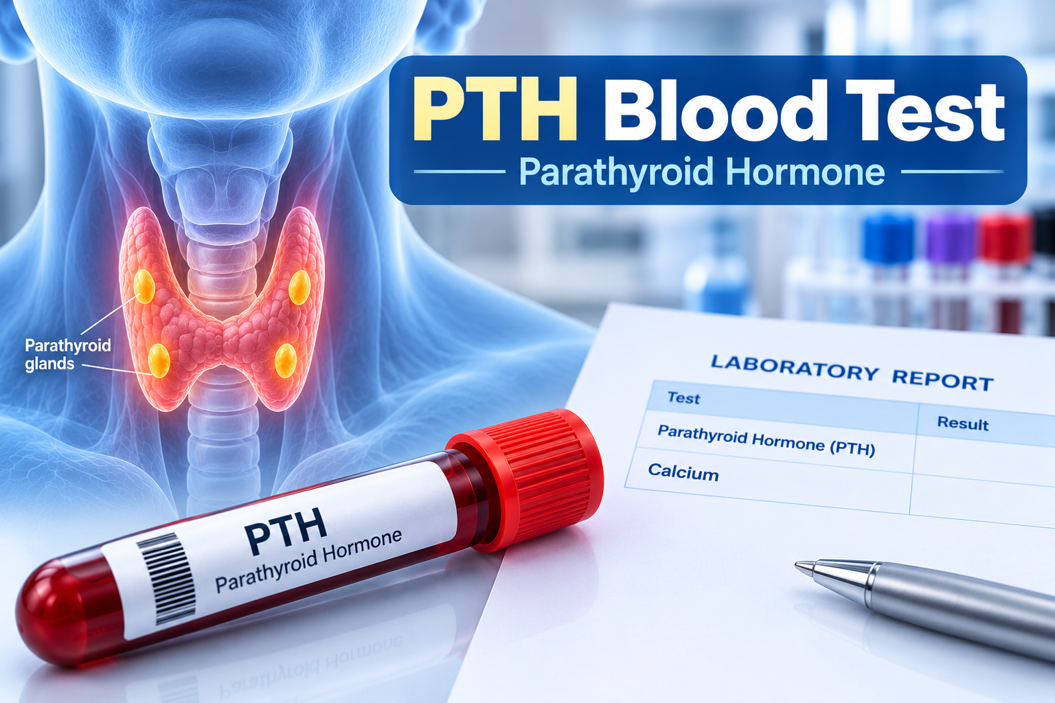 Parathyroid hormone PTH blood test with calcium laboratory report and parathyroid glands