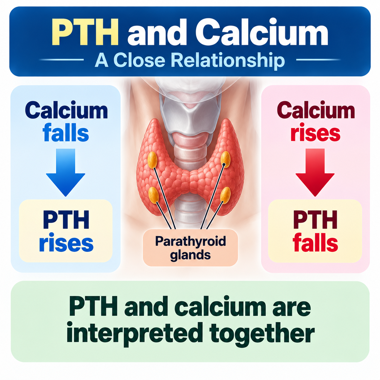PTH and calcium relationship — calcium falls, PTH rises; calcium rises, PTH falls