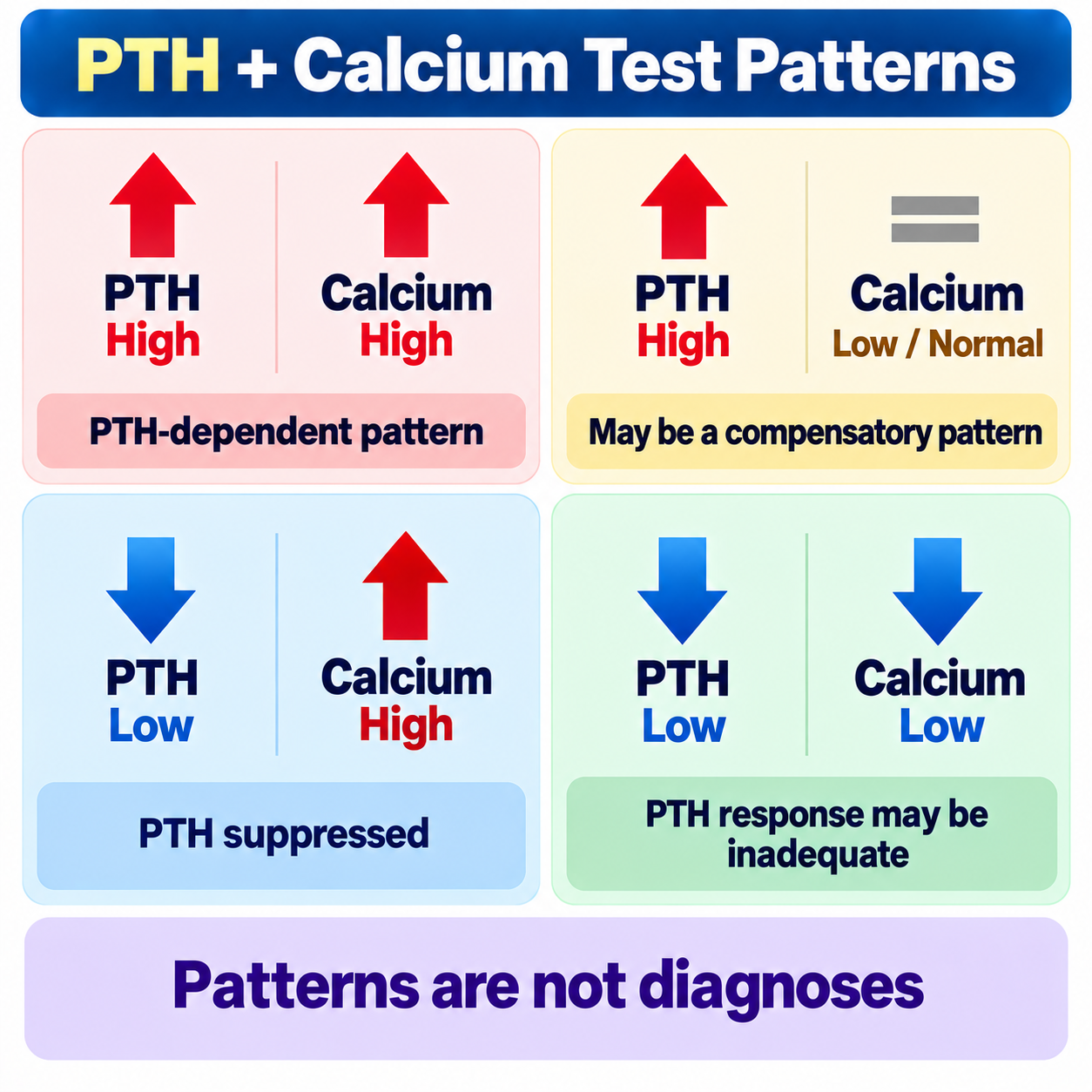 PTH and calcium test patterns — PTH-dependent, compensatory, suppressed and inadequate response patterns