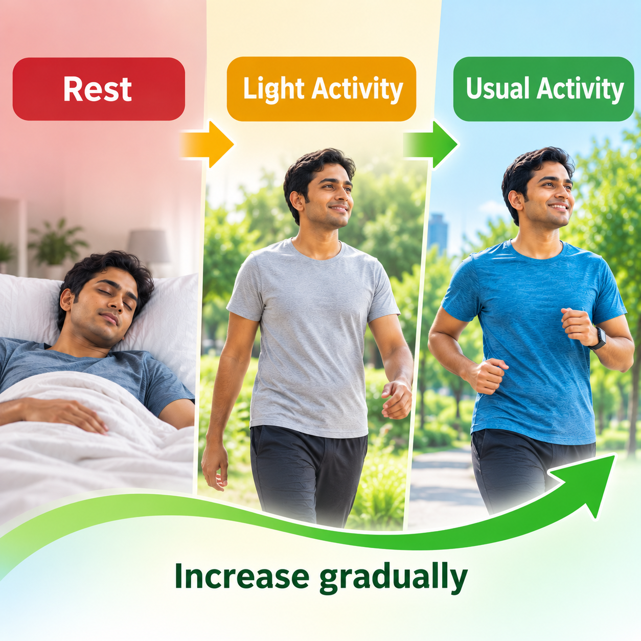 Gradual return from rest to light activity and usual activity after dengue