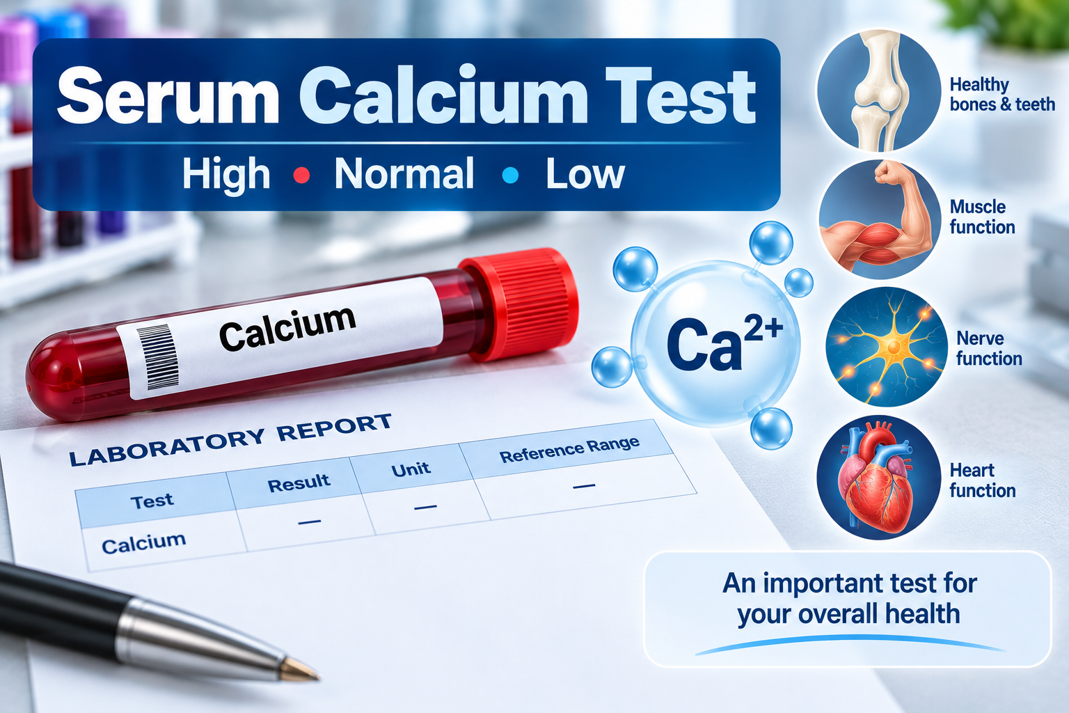 Serum calcium blood test and laboratory report showing calcium result