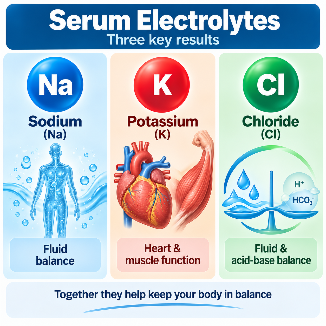 Sodium potassium and chloride and what each electrolyte relates to
