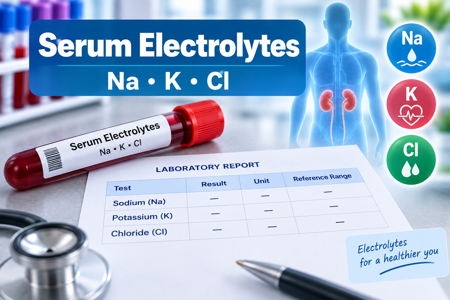 Serum electrolytes blood test showing sodium potassium and chloride results