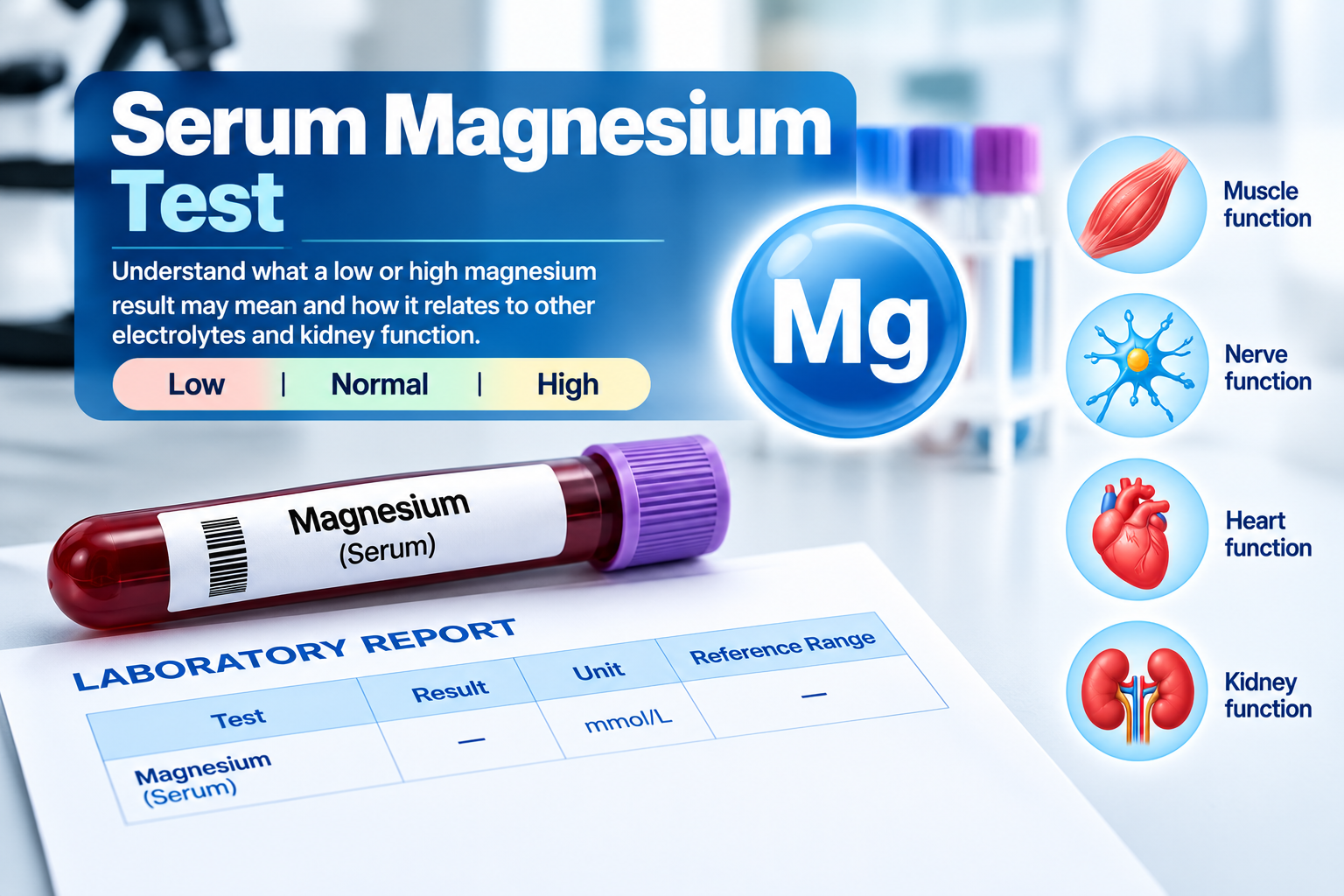 Serum magnesium blood test and laboratory report showing magnesium result
