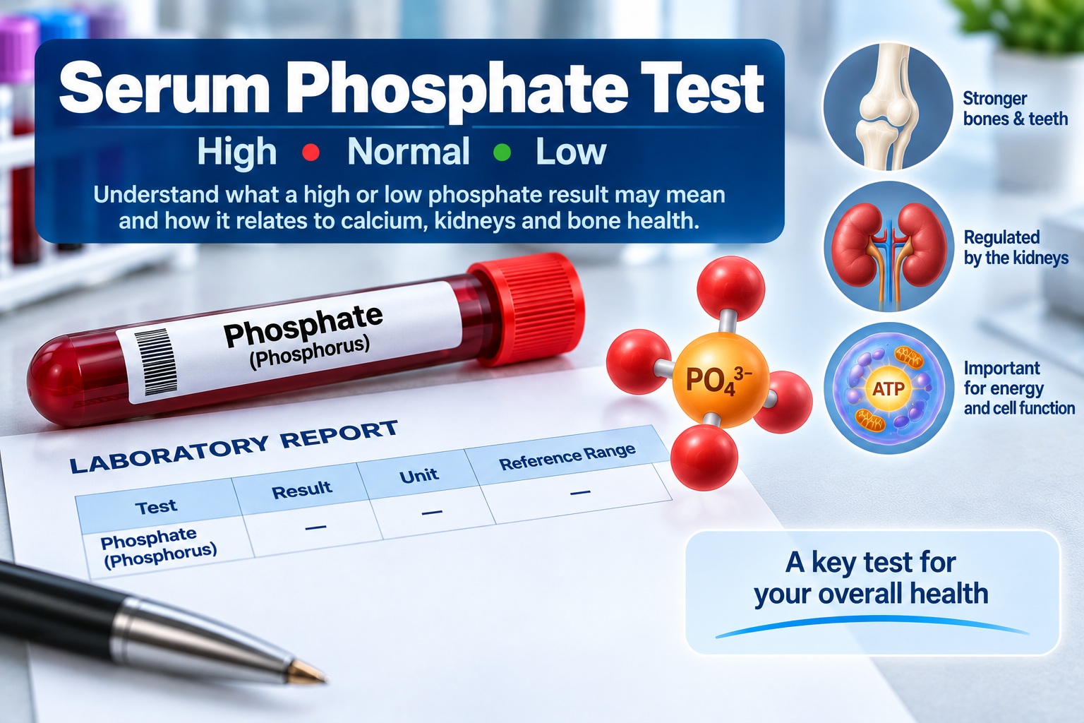 Serum phosphate phosphorus blood test and laboratory report showing phosphate result