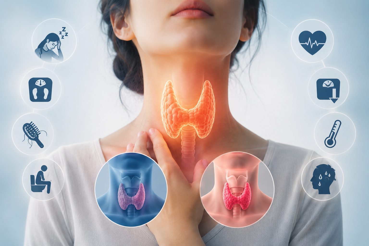 Thyroid symptoms infographic showing hypothyroidism and hyperthyroidism signs