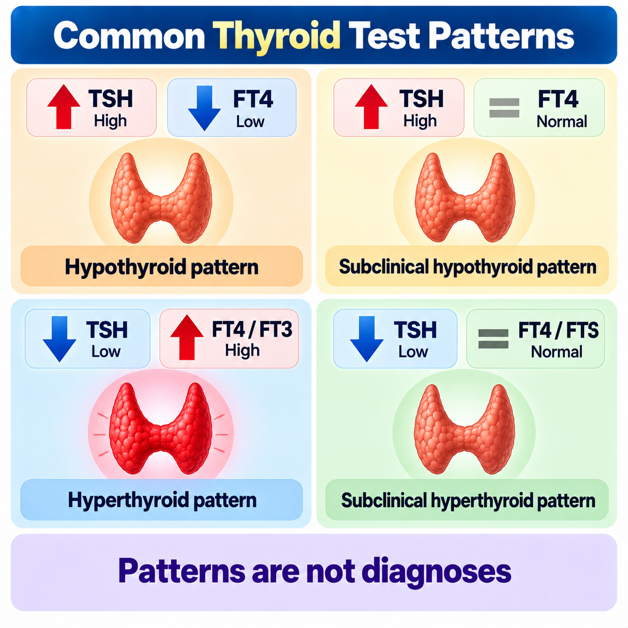 Common thyroid test patterns — high TSH low FT4, high TSH normal FT4, low TSH high FT4/FT3, low TSH normal FT4/FT3