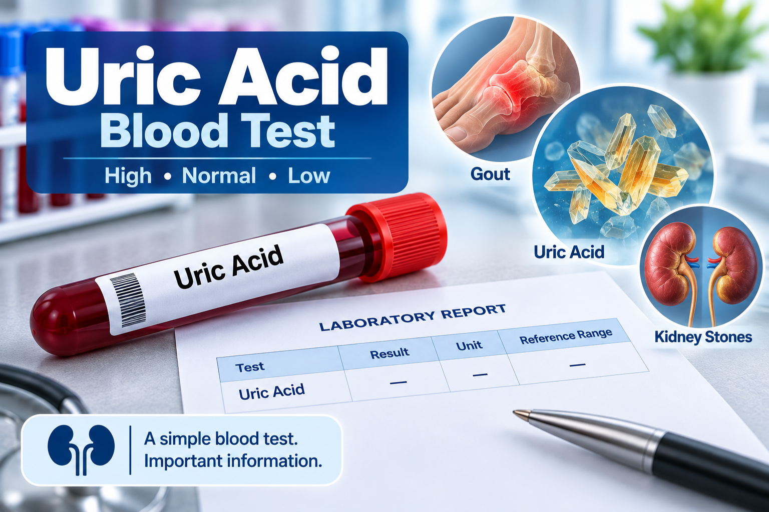 Uric acid blood test and laboratory report showing serum uric acid result