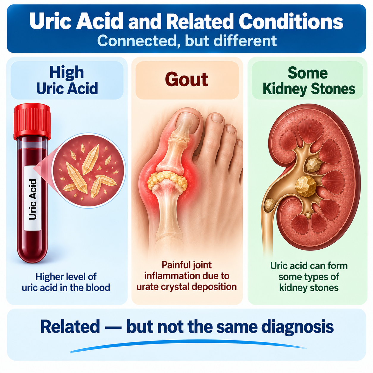 High uric acid, gout and some kidney stones are related but not the same diagnosis