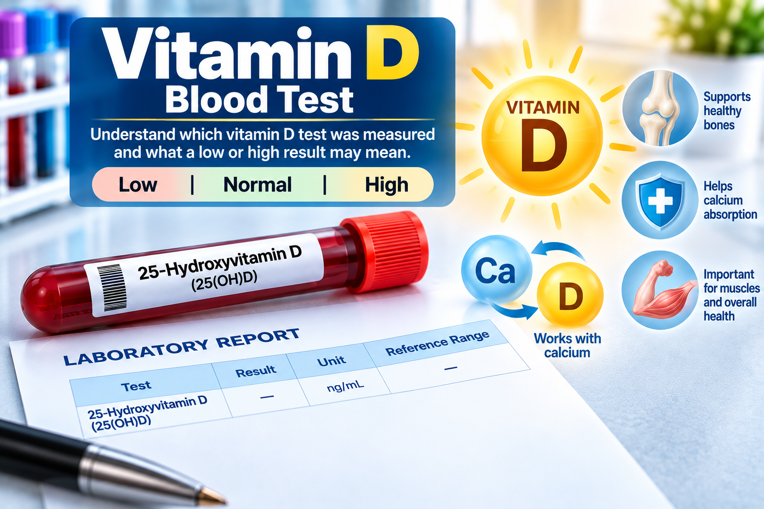 Vitamin D blood test showing 25-hydroxyvitamin D laboratory result